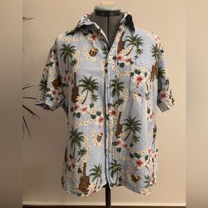 Roundy Bay Hawaiian Shirt Tropical Hibiscus & Ukulele Blue 100% Cotton